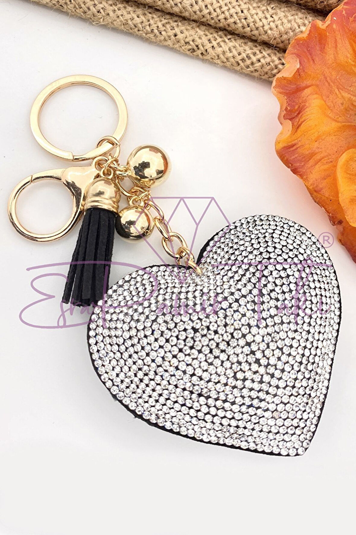 Gümüş Renk Taşlı Kalp Anahtarlık Ve Çanta Süsü