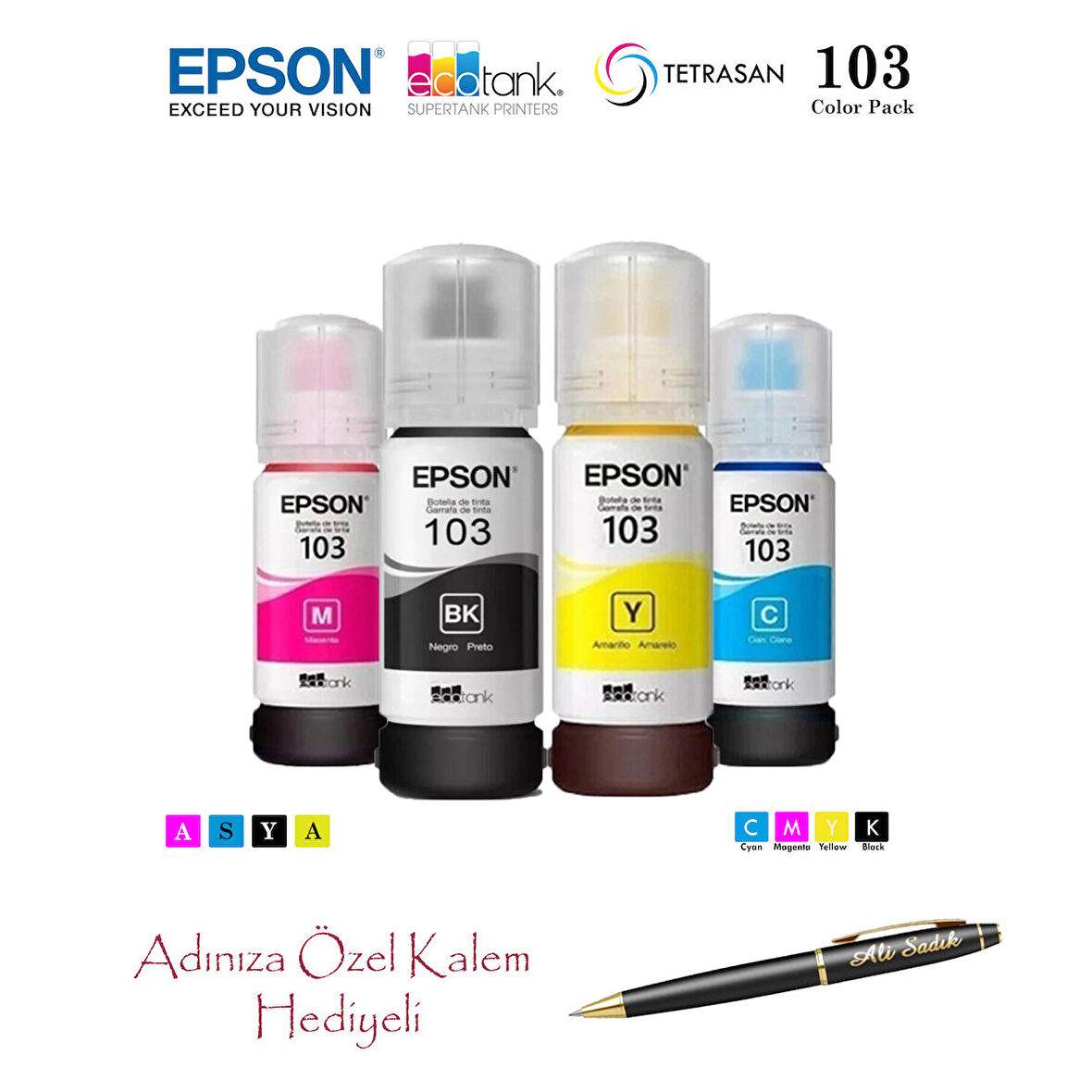 Epson 103 (CMYK) 4 Renk Kartuş, Epson EcoTank L3210 Uyumlu Kalem ...