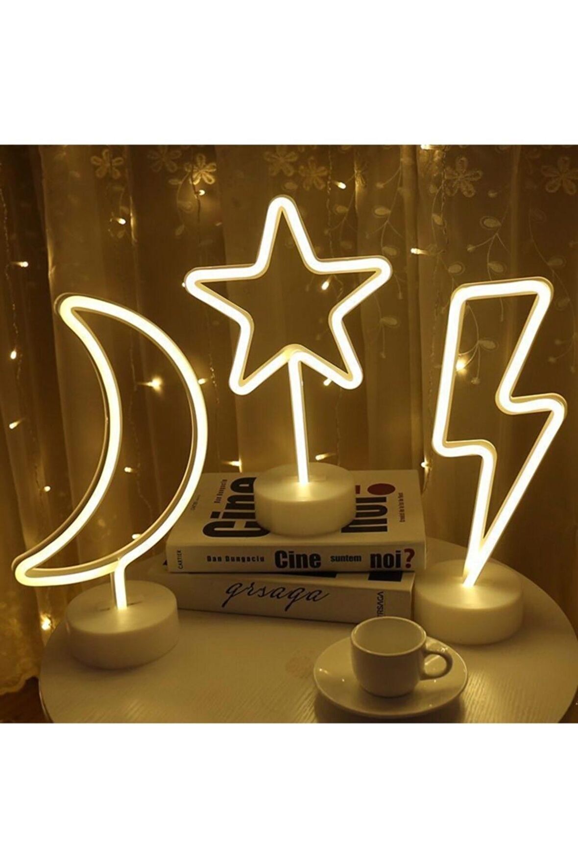 Dekoratif Hediyelik Ay Yıldız Şimşek 3'lü Usb Ve Pilli Neon Led Işık Lamba