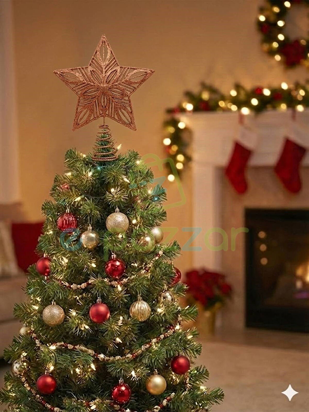 25 Cm Lüx Bakır Simli  Yılbaşı Ağacı Tepe Yıldızı Organizasyon Christmas Konsept Parti Dekor Süsleme