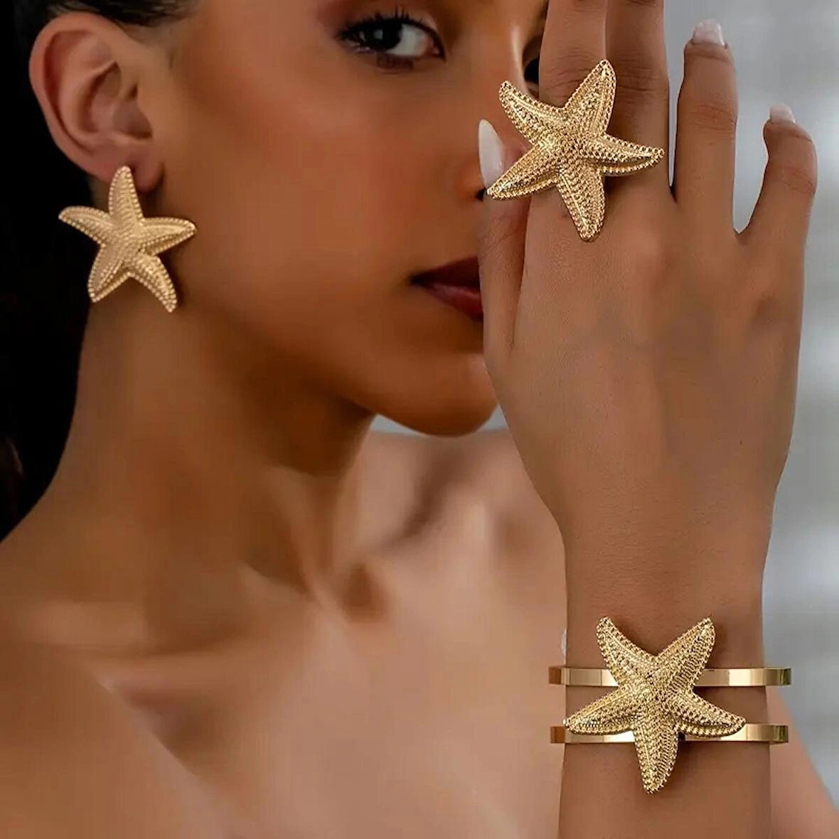 Deniz Yıldızı Charm Bileklik ve Küpe Yüzük Seti  Altın Kaplama