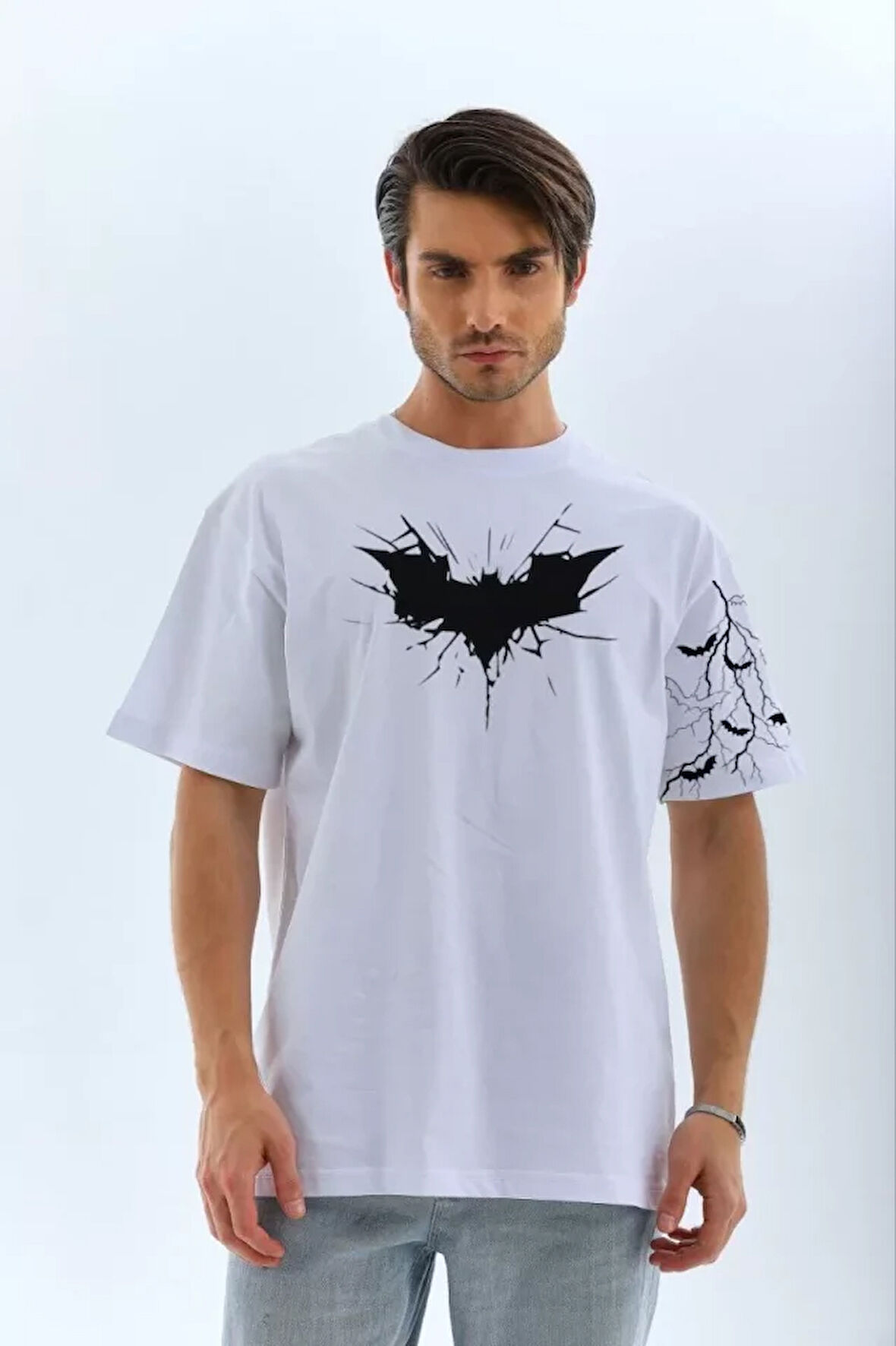  Ön Ve Kol Baskılı Oversize T-shirt - Beyaz
