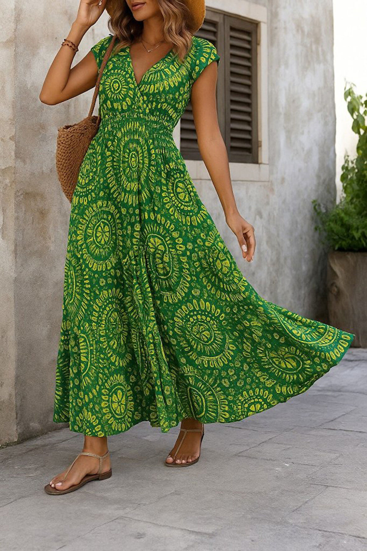 EQURİ Kadın Kısa Yarasa Kanat Kollu V Yakalı Beli Büzgülü Süprem Elbise