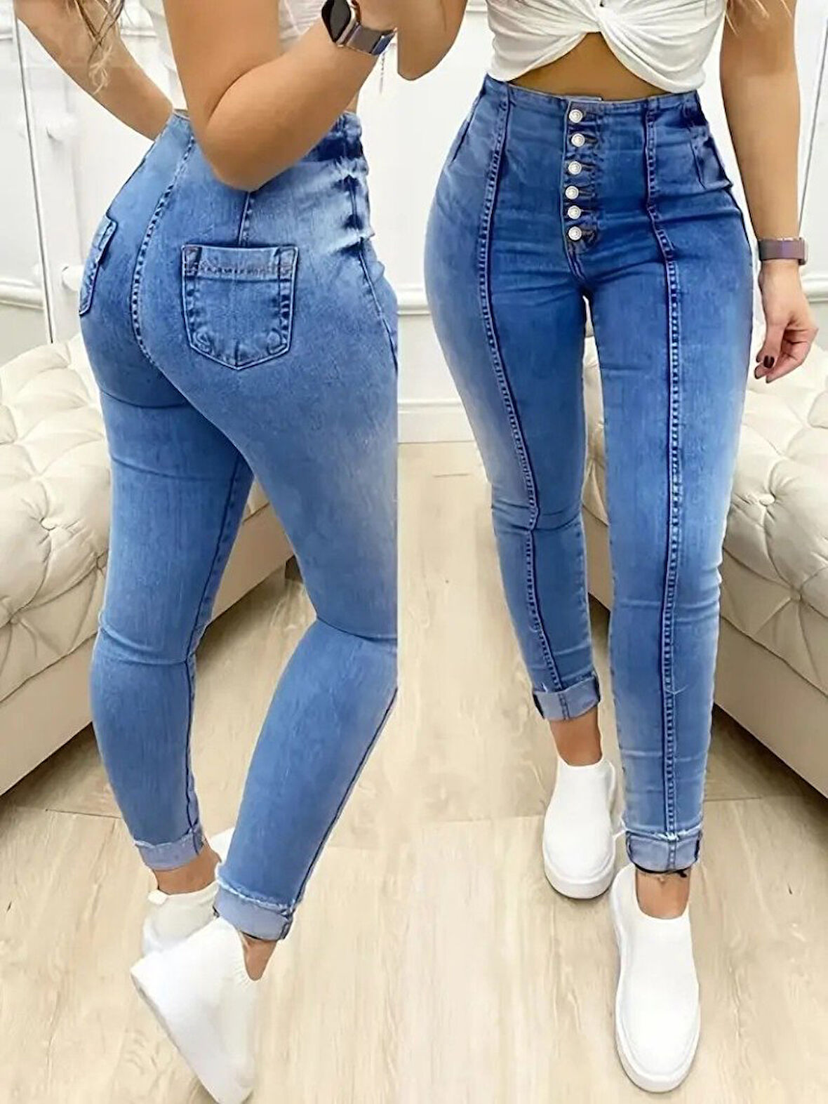 EQURİ Kadın Yüksek Bel önden Düğmeli Jean Pantolon