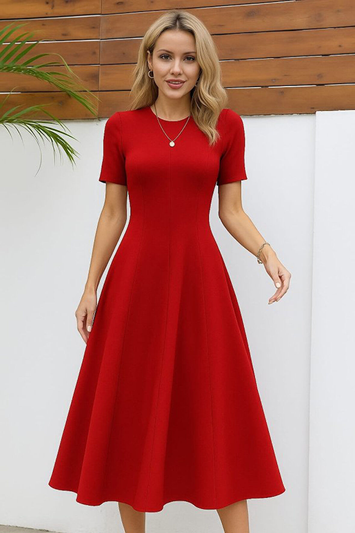 EQURİ Kadın Kısa Kollu Bisiklet Yaka Maksi Boy Ithal Krep Elbise