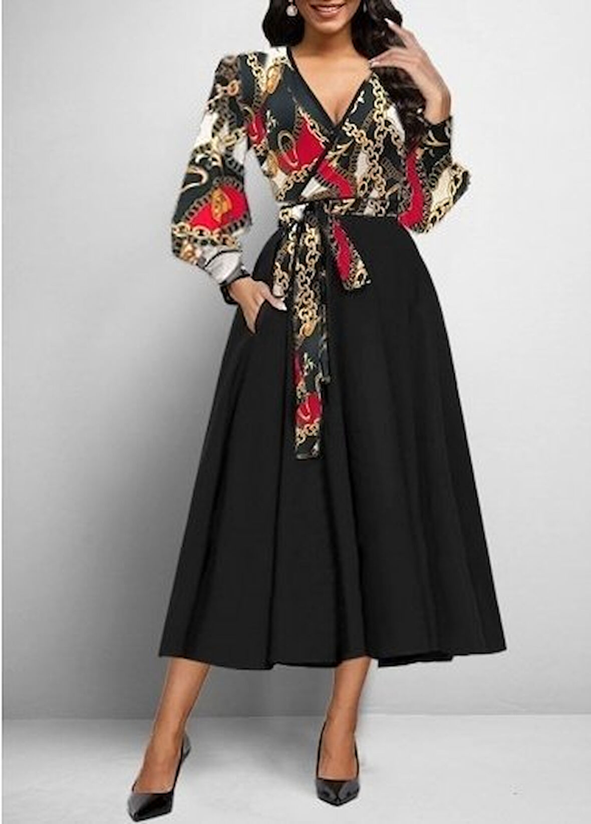 EQURİ Kadın Uzun Kollu Kruvaze Yaka Dalgıç Krep Midi Boy Elbise