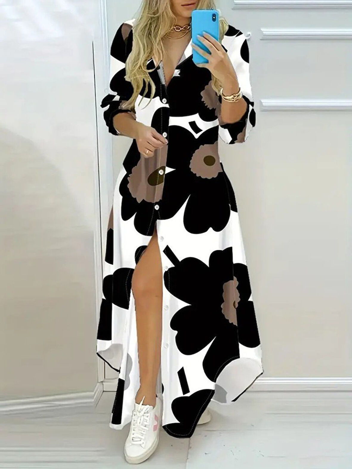 EQURİ Kadın Yakalı önden Düğmeli çiçek Desenli Uzun Süprem Elbise