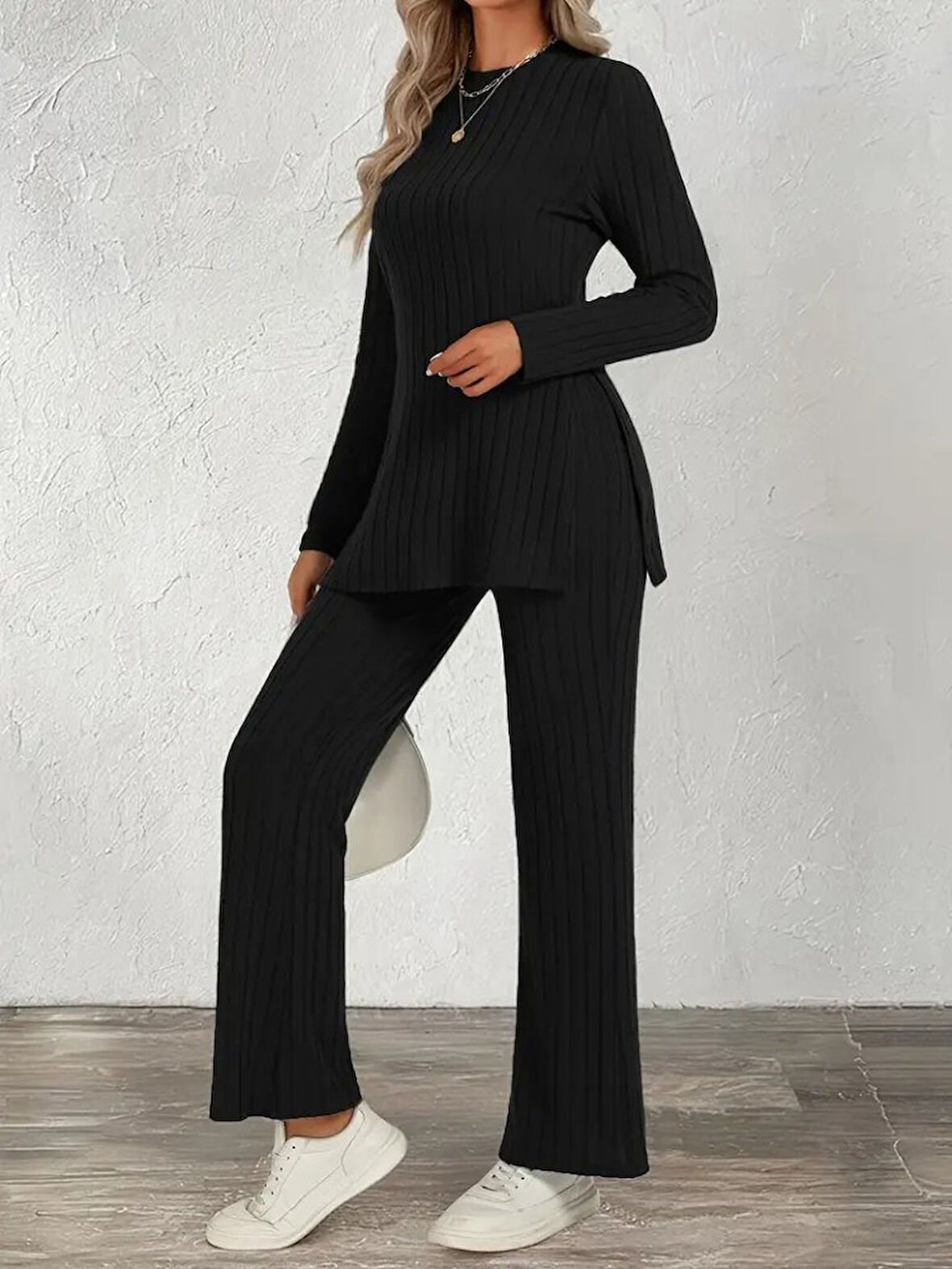 EQURİ Kadın Uzun Kollu Bisiklet Yaka Yandan Yırtmaçlı şardonlu Kaşkorse Bluz Ve Pantolon Ikili Takım