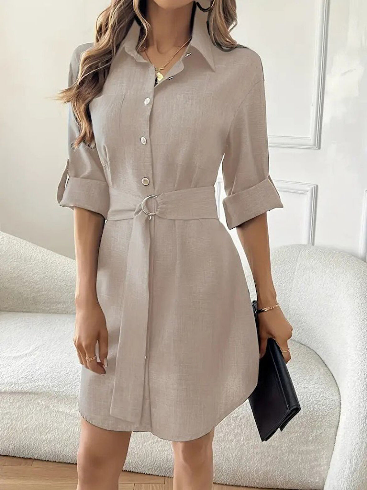EQURİ Kadın Uzun Kollu Yakalı önden Düğmeli Beli Kuşaklı Mini Ithal Keten Elbise