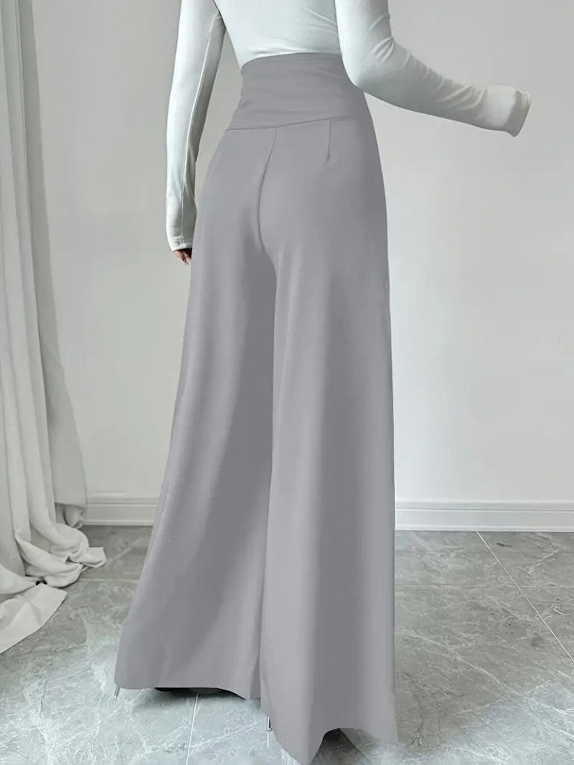 EQURİ Kadın Yüksek Bel Düğmeli Geniş Paçalı Ithal Krep Pantolon