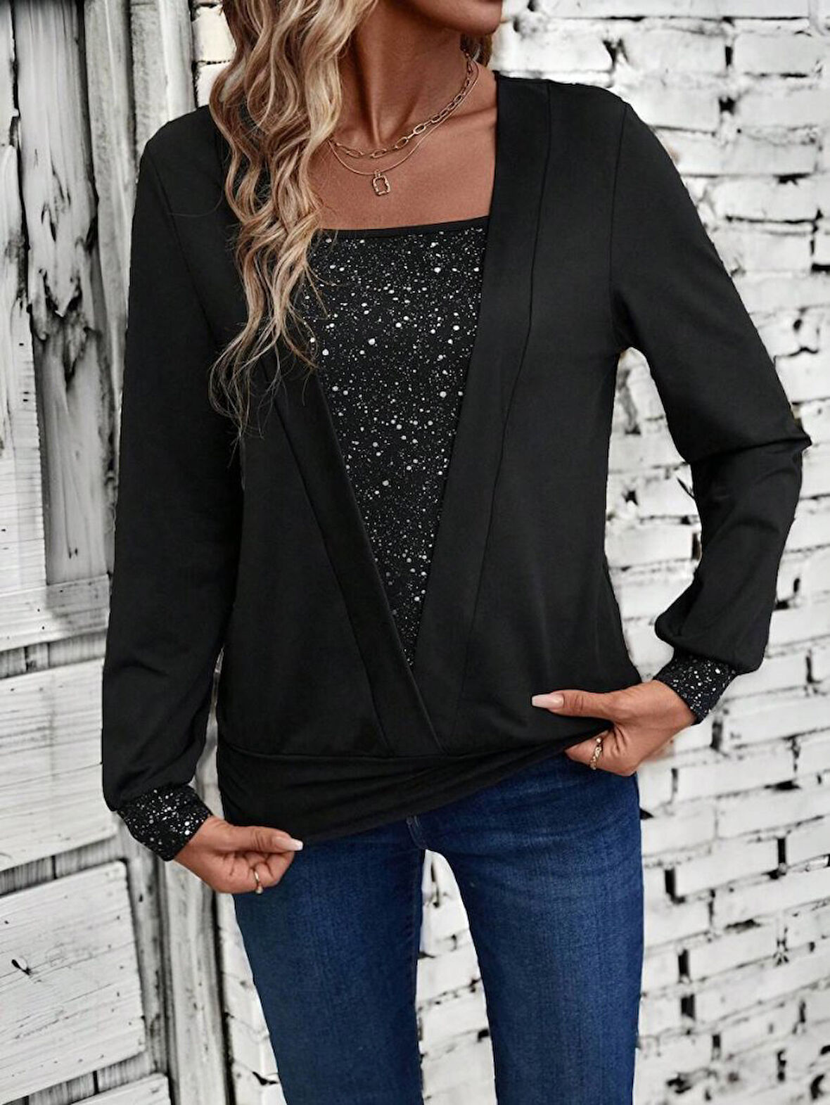 EQURİ Kadın Uzun Kollu V Yakalı Içi Süprem Desenli Dışı Viskon Bluz