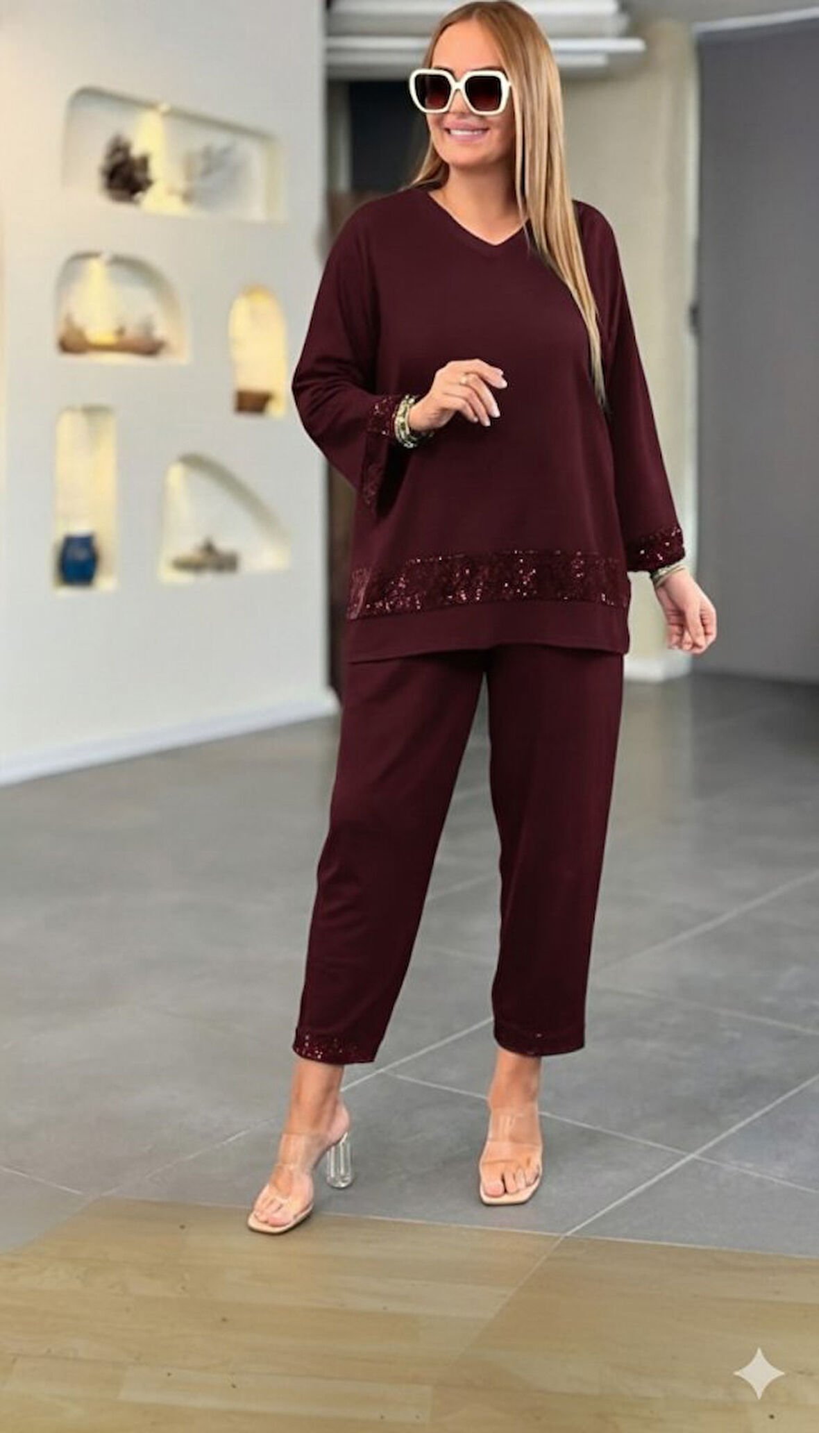 EQURİ Kadın Uzun Kollu V Yakalı Pulpayet Viskon Iki Iplik Bluz Ve Pantolon Takım