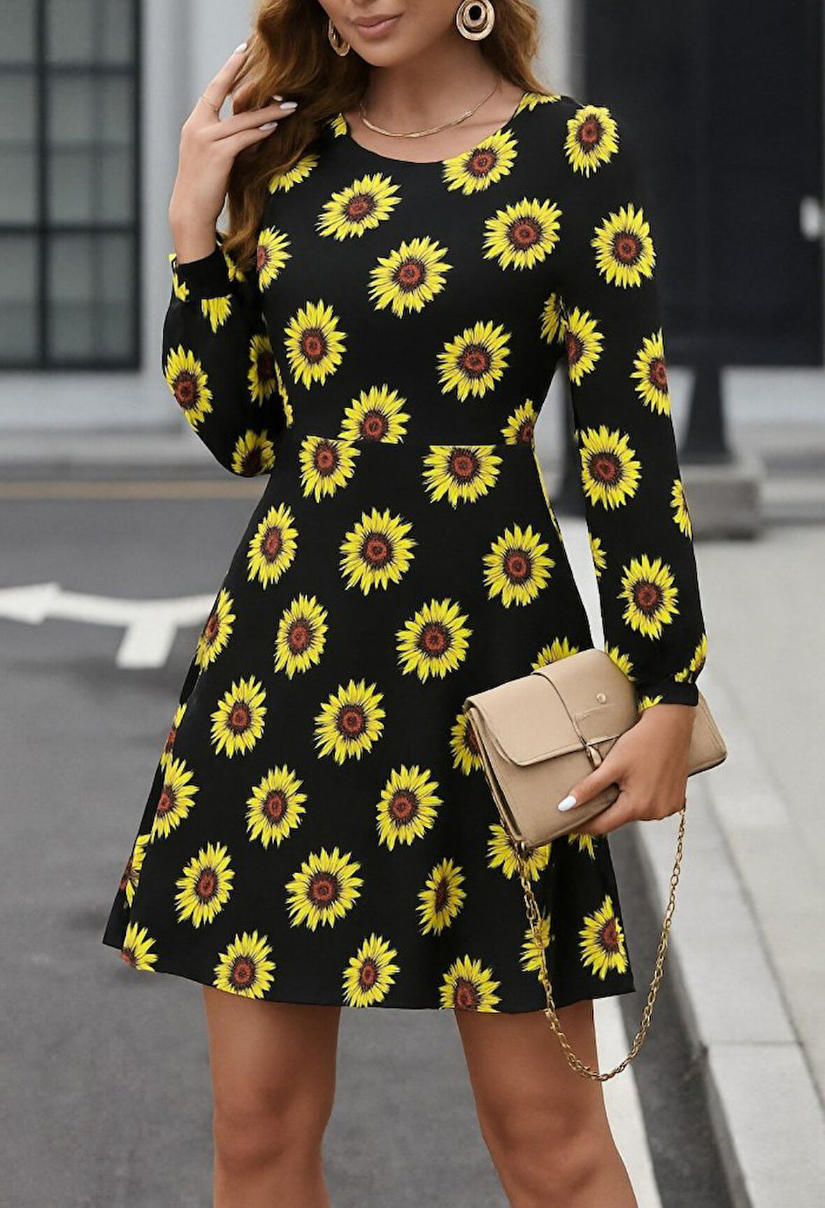 EQURİ Kadın Uzun Kollu Bisiklet Yaka Desenli Kısa Krep Elbise