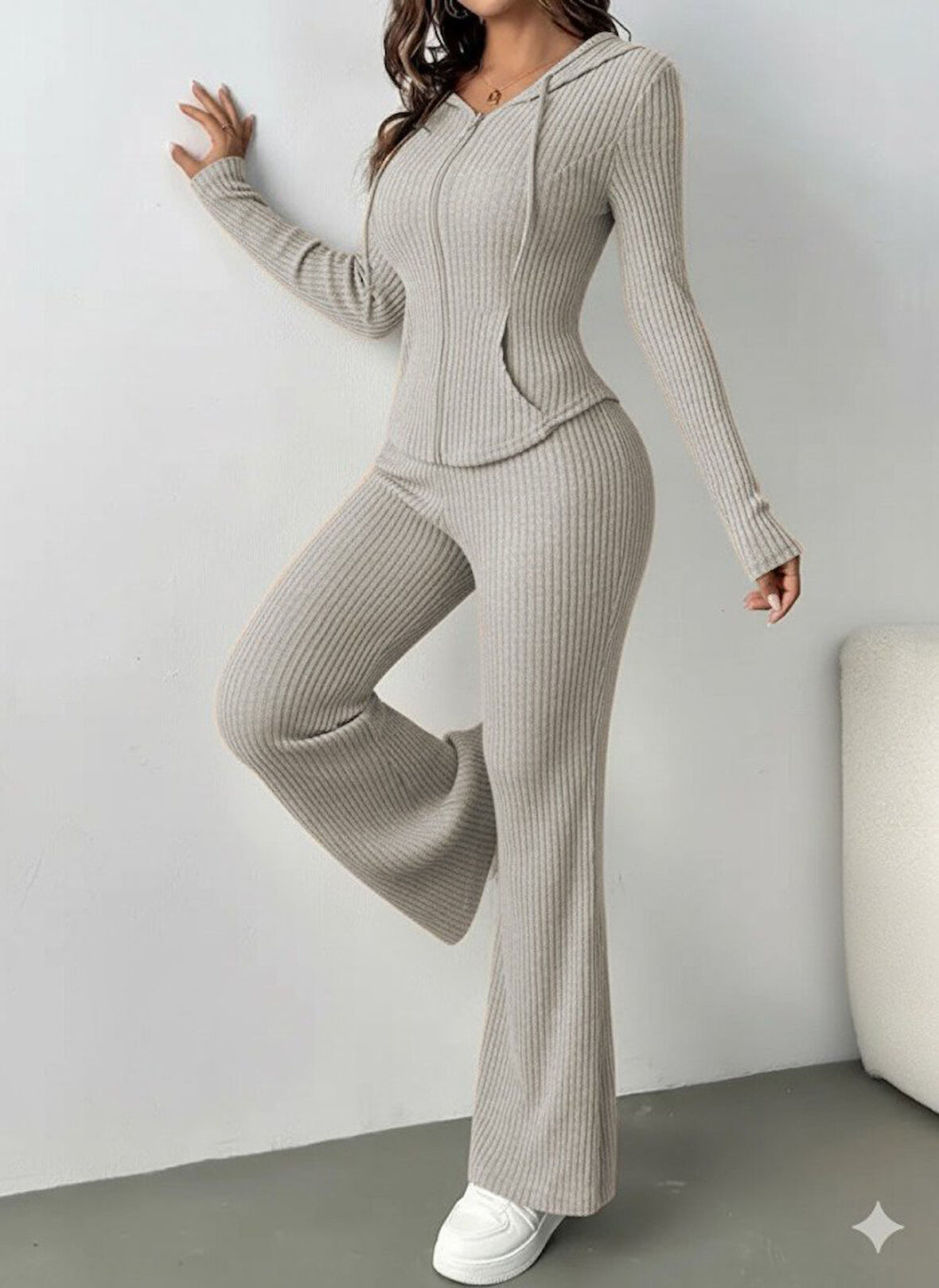 EQURİ Kadın Uzun Kollu Kapşonlu önden Fermuarlı Kaşkorse Bluz Ve Pantolon Ikili Takım