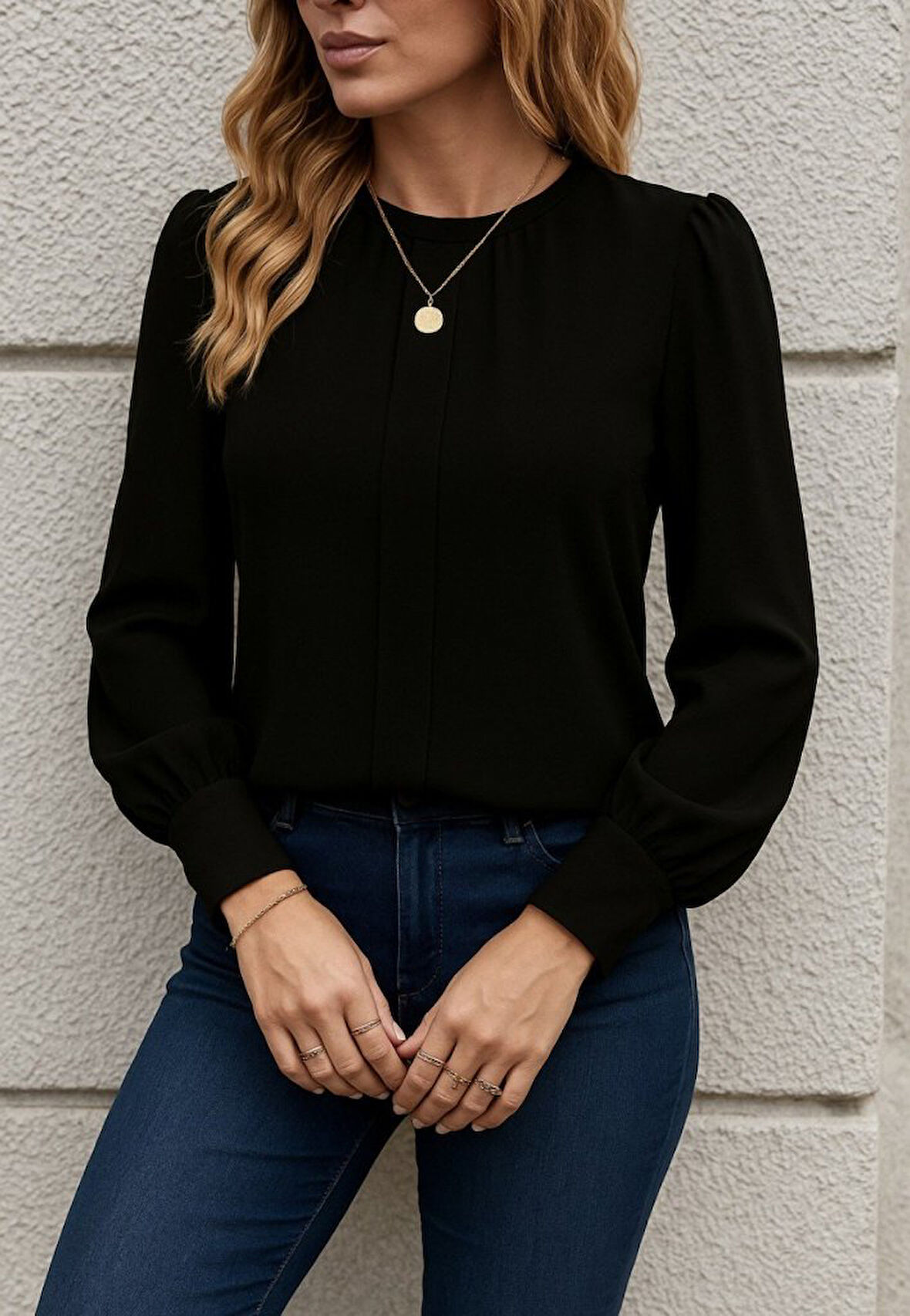 EQURİ Kadın Uzun Kollu Bisiklet Yaka Pileli Ithal Krep Bluz