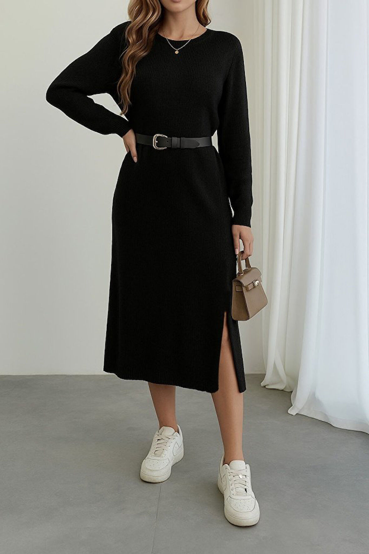 EQURİ Kadın Uzun Kollu Bisiklet Yaka Yandan Yırtmaçlı Midi Triko Elbise