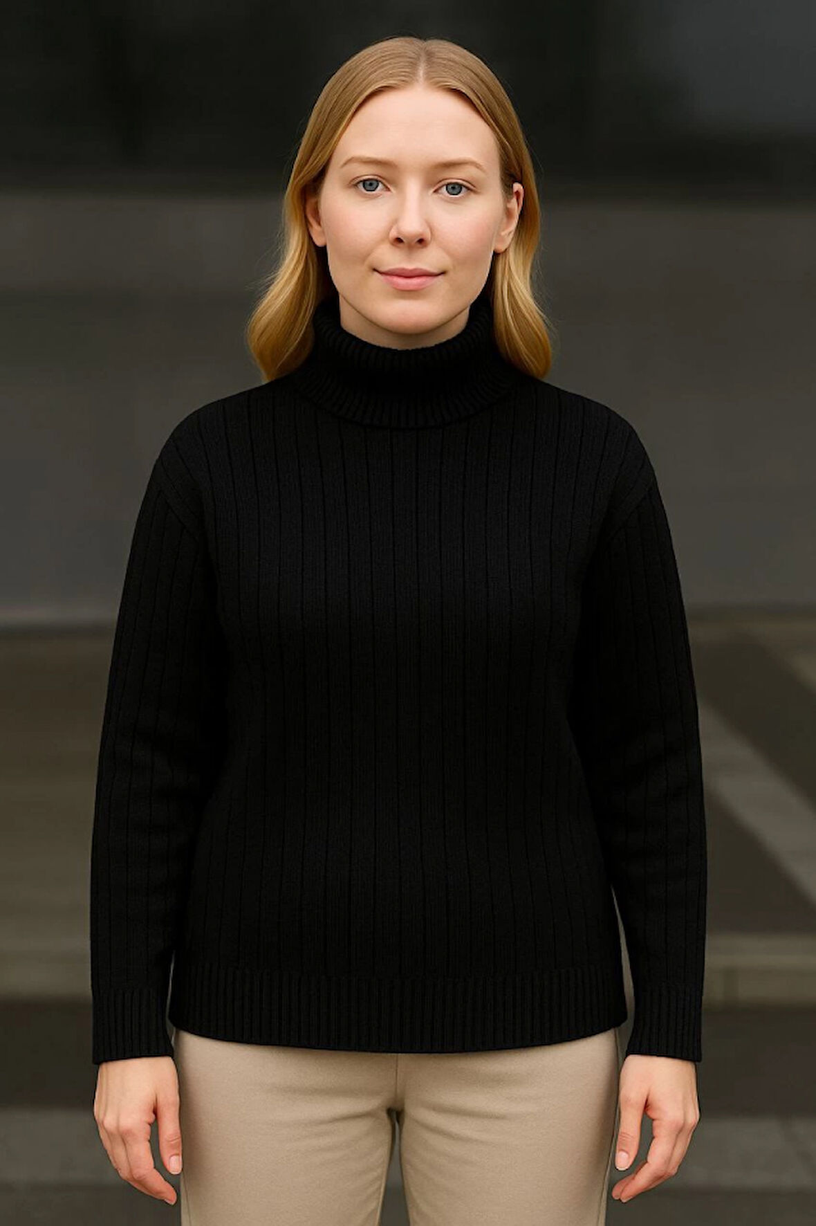 EQURİ Balıkcı Yaka Bağazlı Triko Kazak Pamuklu Kalın Fitilli Dokuma - Siyah