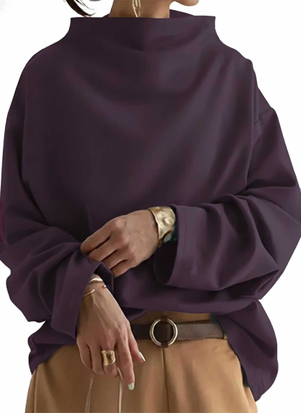 EQURİ Kadın Uzun Kollu Geniş Balıkçı Yaka Modal Mürdüm Bluz