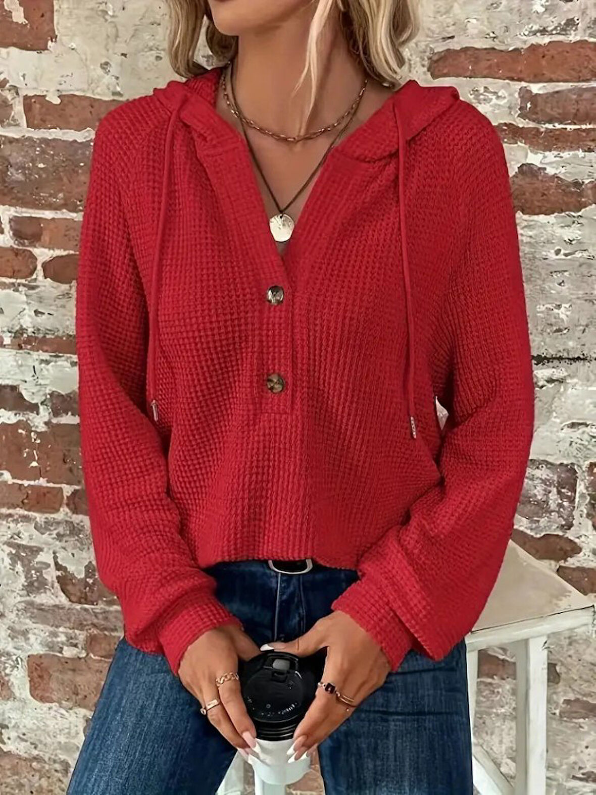 EQURİ Kadın Uzun Kollu Kapşonlu önü Düğmeli Ve Bağcıklı Waffle Bluz
