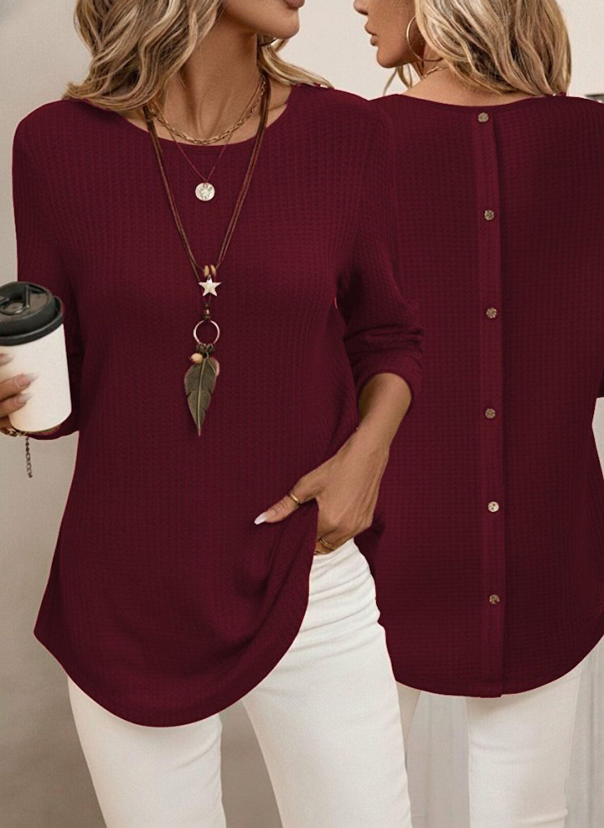 EQURİ Kadın Uzun Kollu Yuvarlak Yaka Arkadan Düğmeli Waffle Bluz