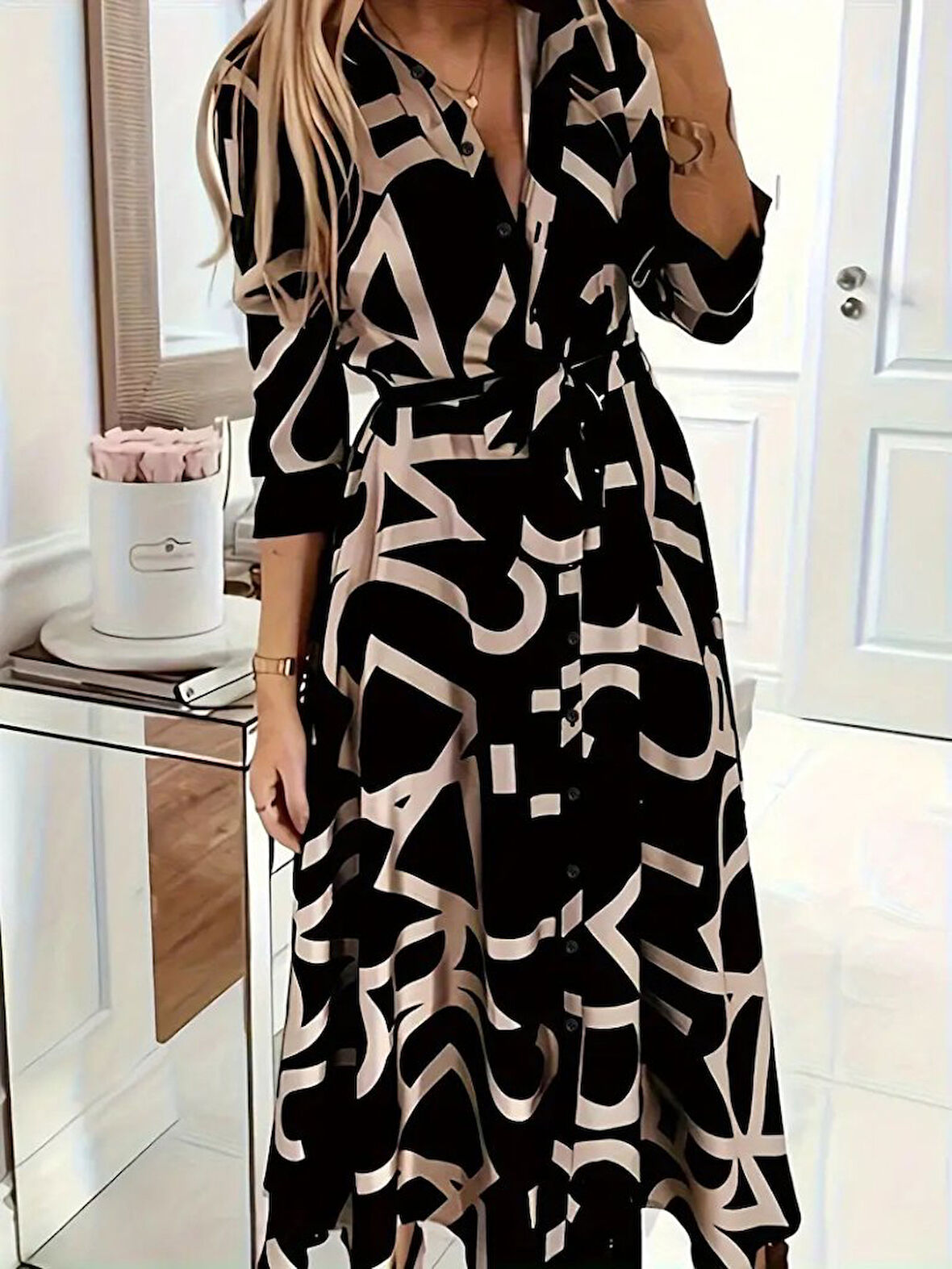 EQURİ Kadın Uzun Kollu Yakalı önden Düğmeli Uzun Süprem Elbise