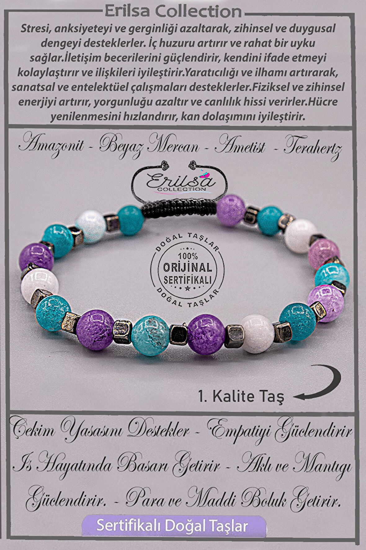 Sertifikalı AAA+ Kalite Gerçek Terahertz - Akuamarin - Ametist - Mercan Taşı Bileklik