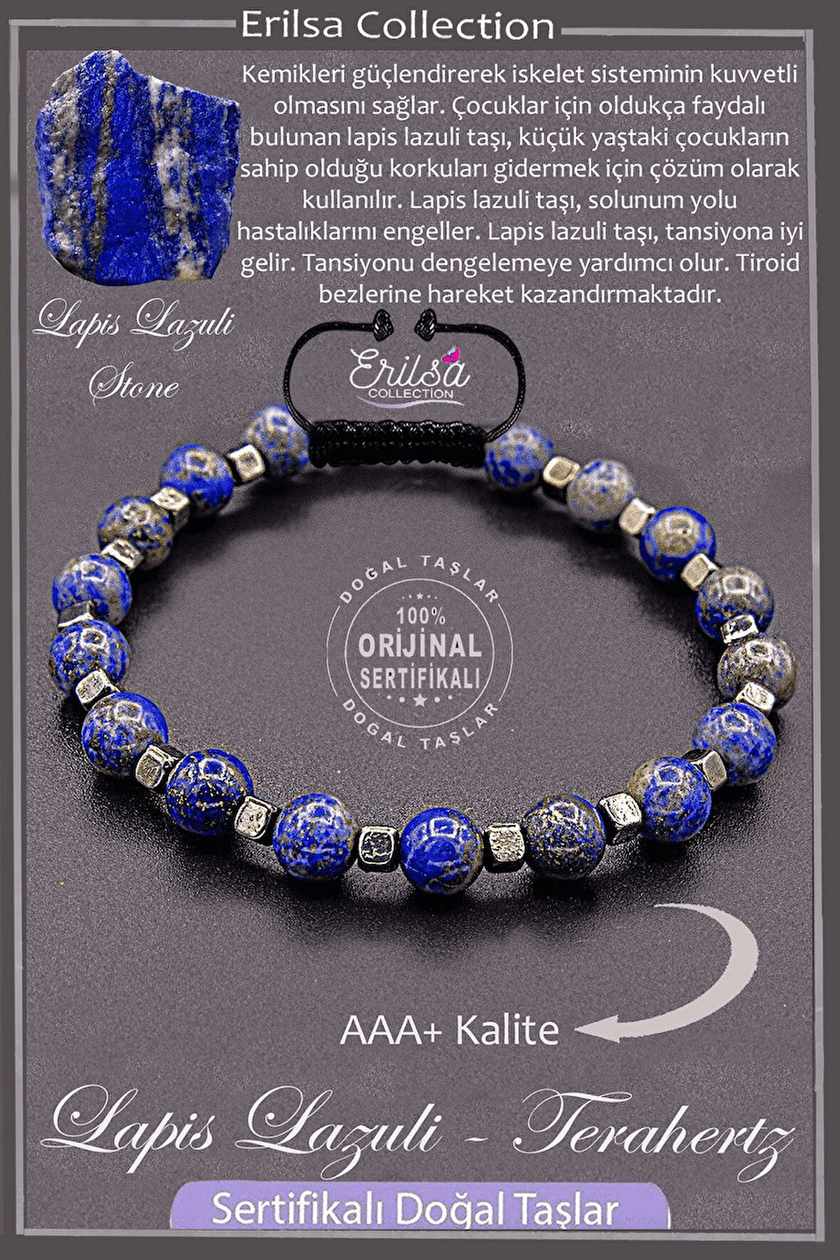 Sertifikalı AAA+ Kalite Gerçek Terahertz - Lapis Lazuli Taşı Bileklik