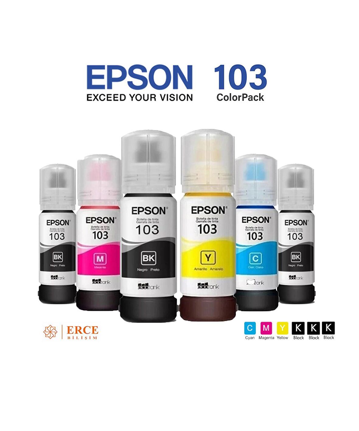 Epson 103 EcoTank L3160 Uyumlu Dört Renk +2 Siyah Mürekkep Takımı