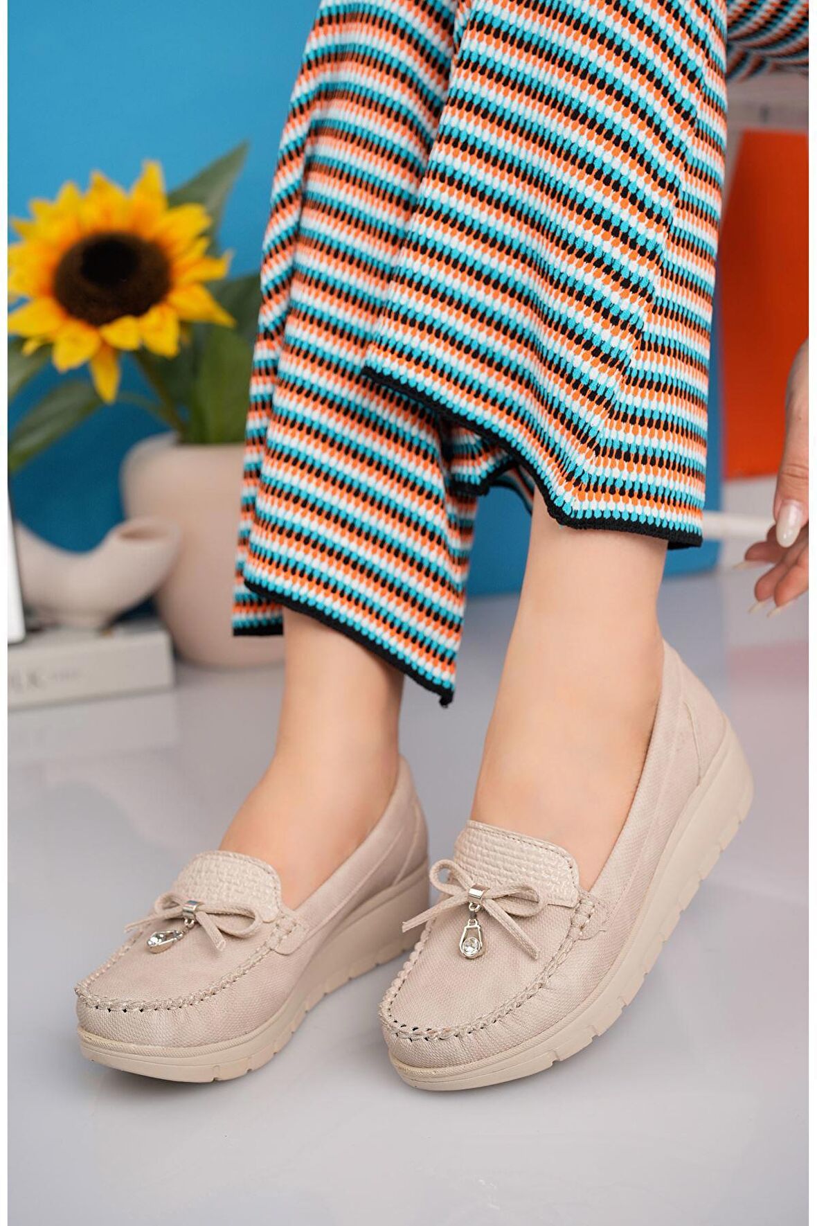 Dolgu Taban Dili Rugan Krem Kot Kadın Ayakkabı