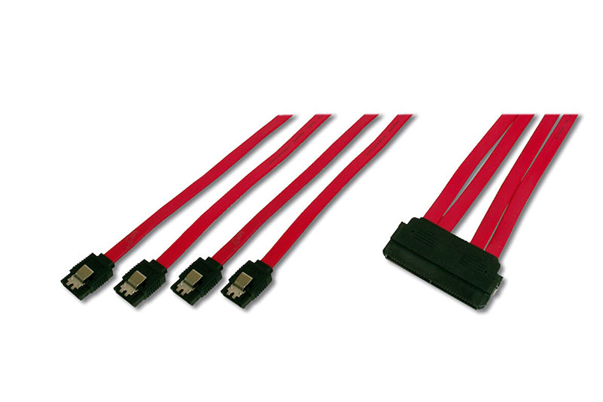 Serial Attached SCSI (SAS) Bağlantı Kablosu, SAS 32pin - 4 x 7pin SATA, 0.50 metre, CU, AWG26, 2 x zırhlı, Erkek / Erkek, UL, metal mandallı