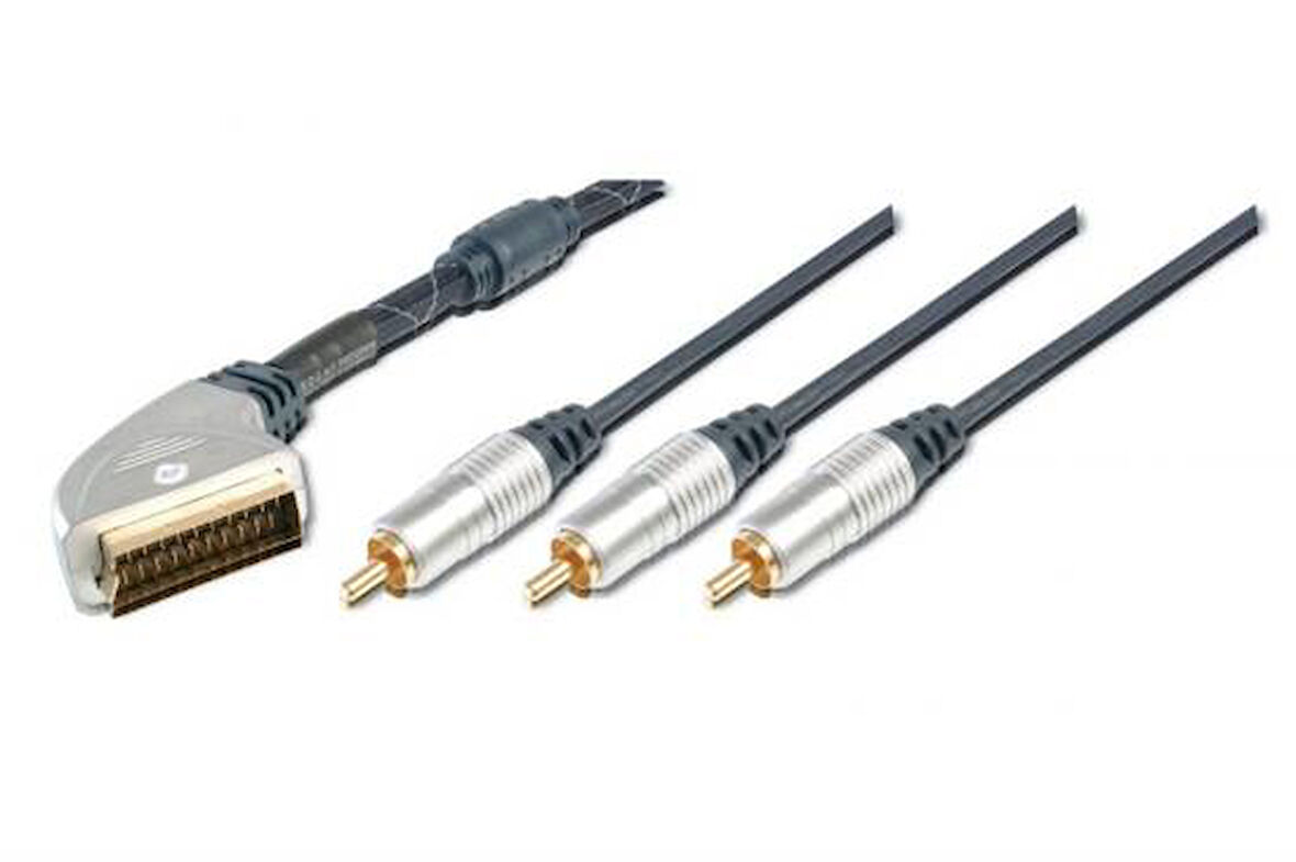 Yüksek Kaliteli Scart Kablosu, Scart erkek &lt;-&gt; 3 x RCA erkek cinch konnektör, 5 metre, metal fiş, krom kaplama, kontak uçları altın kaplama, ferrite filtre, zırhlı