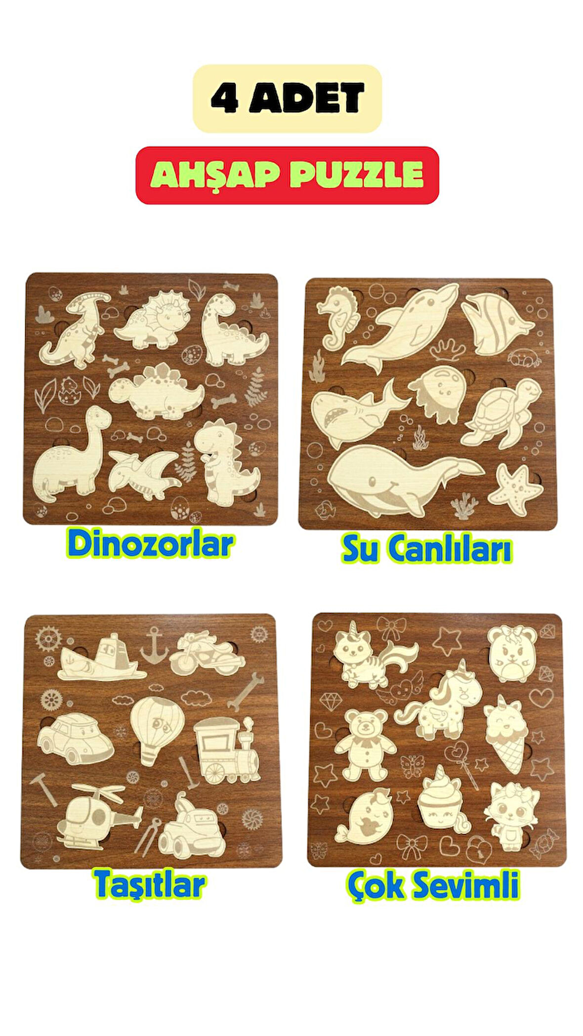 Çocuk Puzzle (Yapboz) Birinci Sınıf Ahşap 4 Parça Eğitici Öğretici Eğlenceli Set