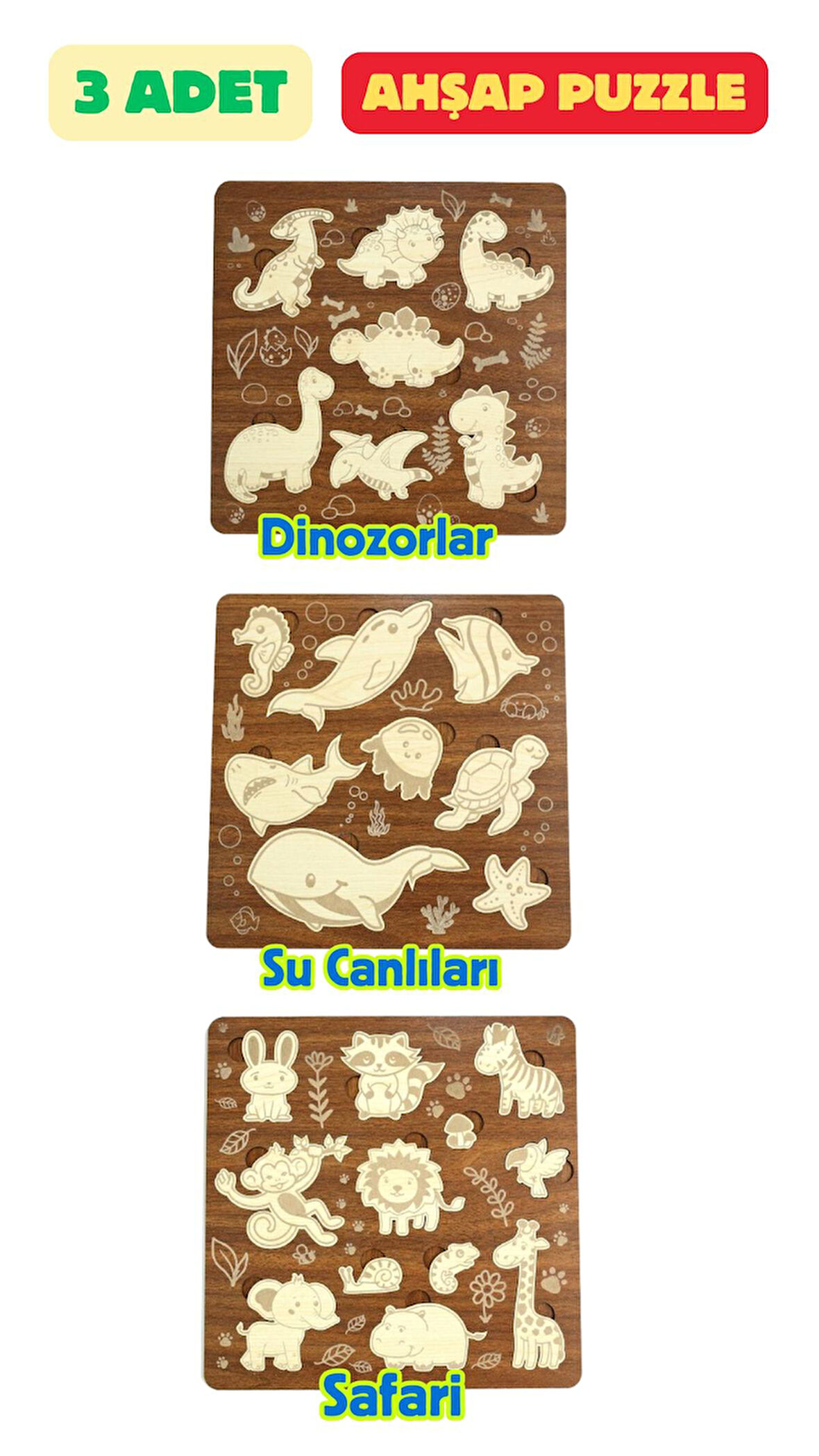 Çocuk Puzzle (Yapboz) Birinci Sınıf Ahşap 3 Parça Eğitici Öğretici Eğlenceli Set
