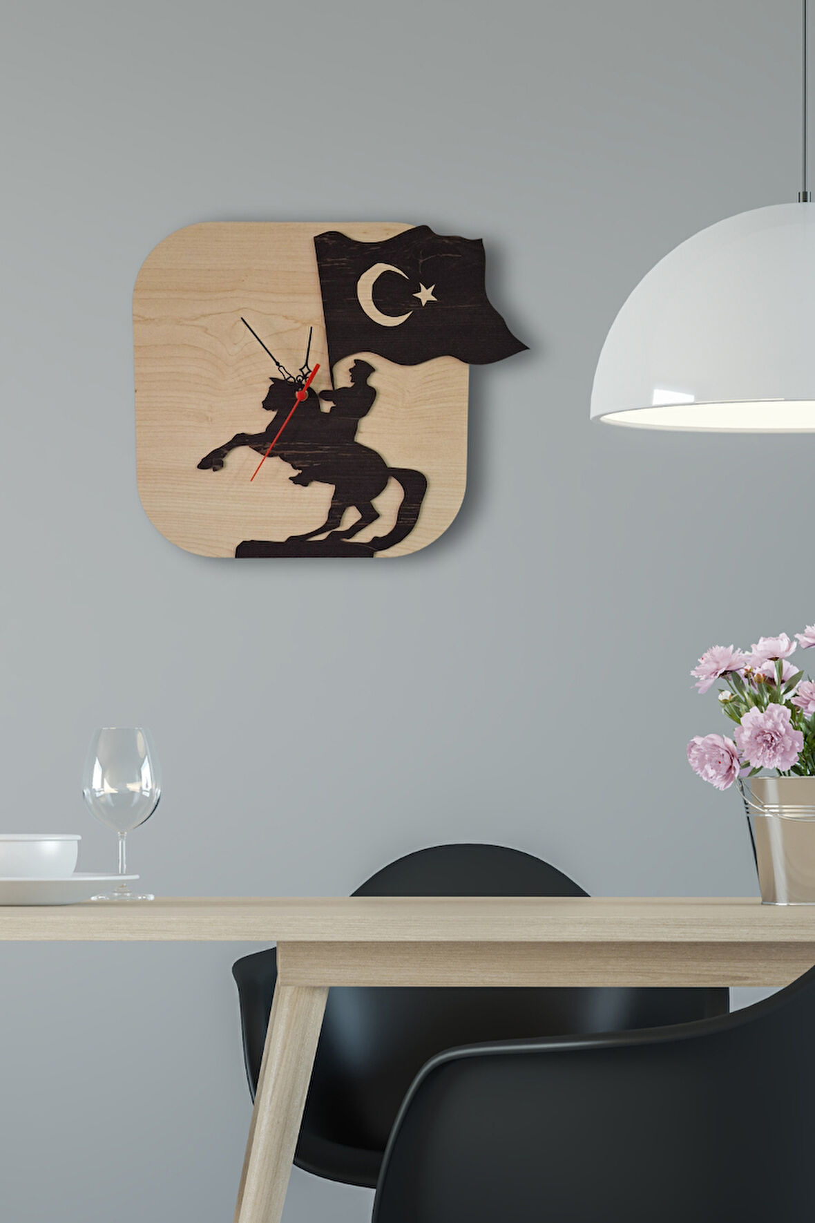 Erdizden Atatürk ve Bayrak Lazer Kesim Birinci Sınıf Mdf Duvar Saati - Akçaağaç