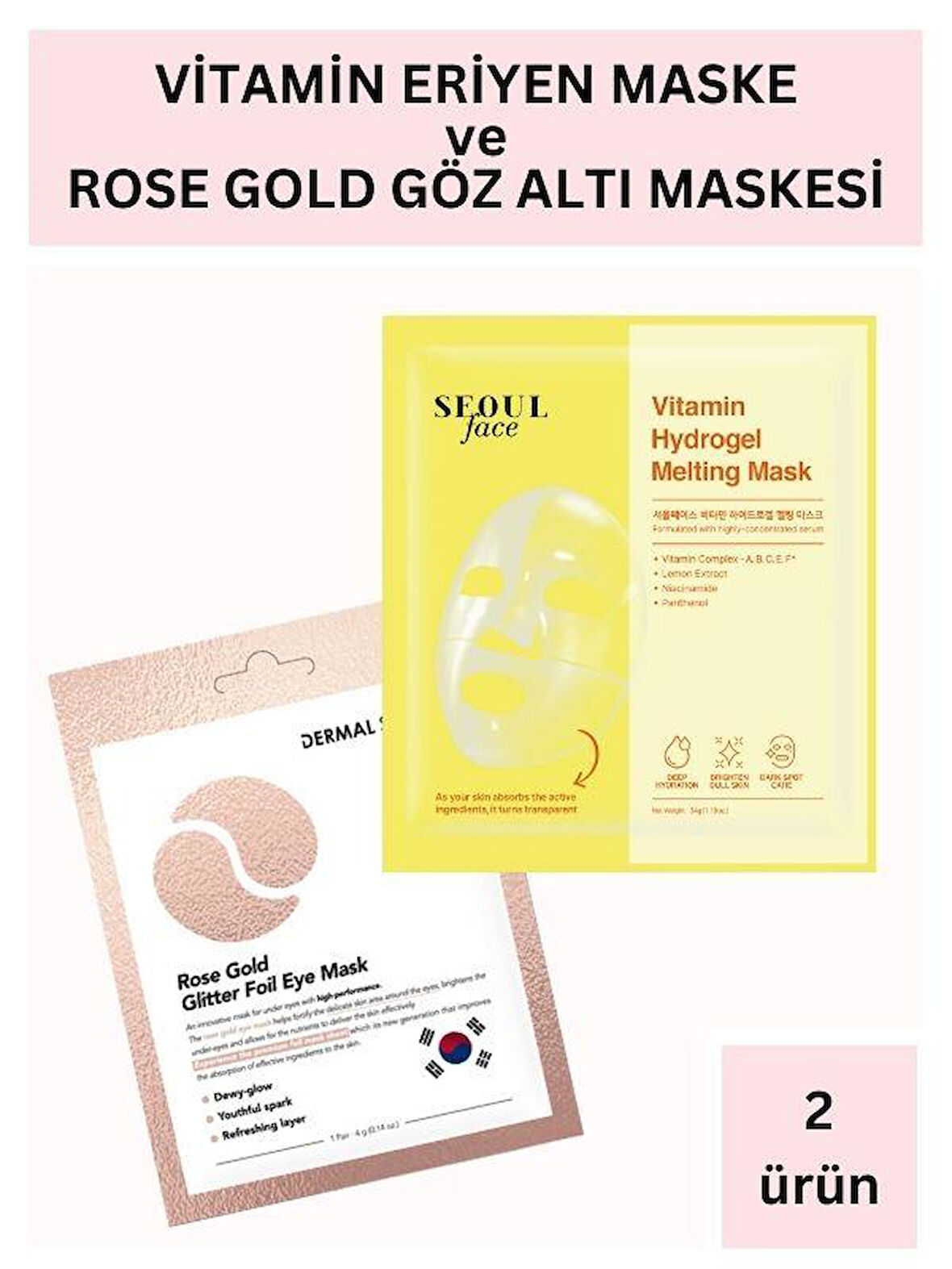 Dermal Vitamin Hydrojel Şeffaflaşan Eriyen Maske 34g ve Rose Gold Göz Maskesi Set