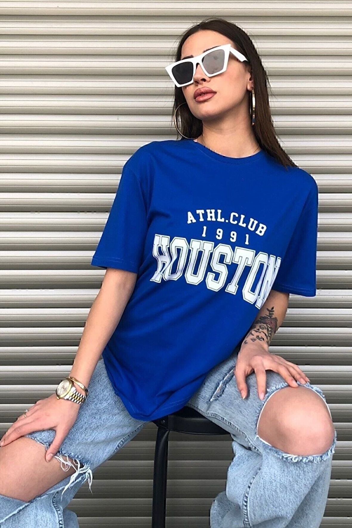Siyah Houston Baskılı Oversize Kadın T-shirt
