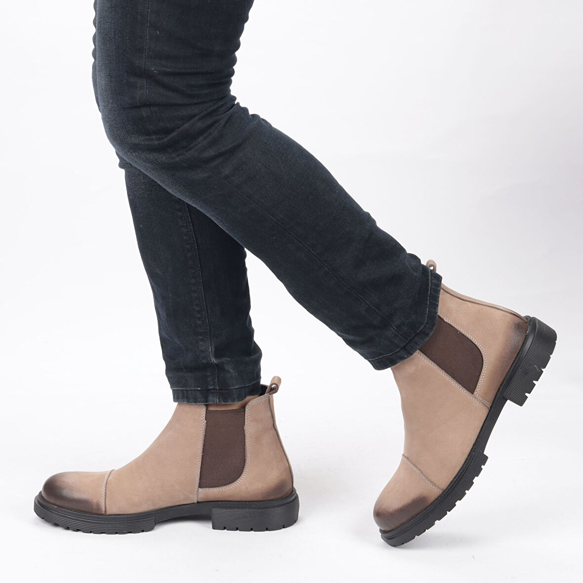 TwoEgoist Erkek Hakiki Deri Kauçuk Kalın Taban Chelsea Bot