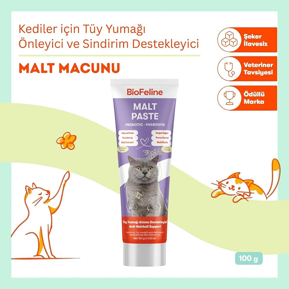 Biofeline Kediler İçin Tüy Yumağı Önleyici ve Sindirim Destekleyici Malt Macunu