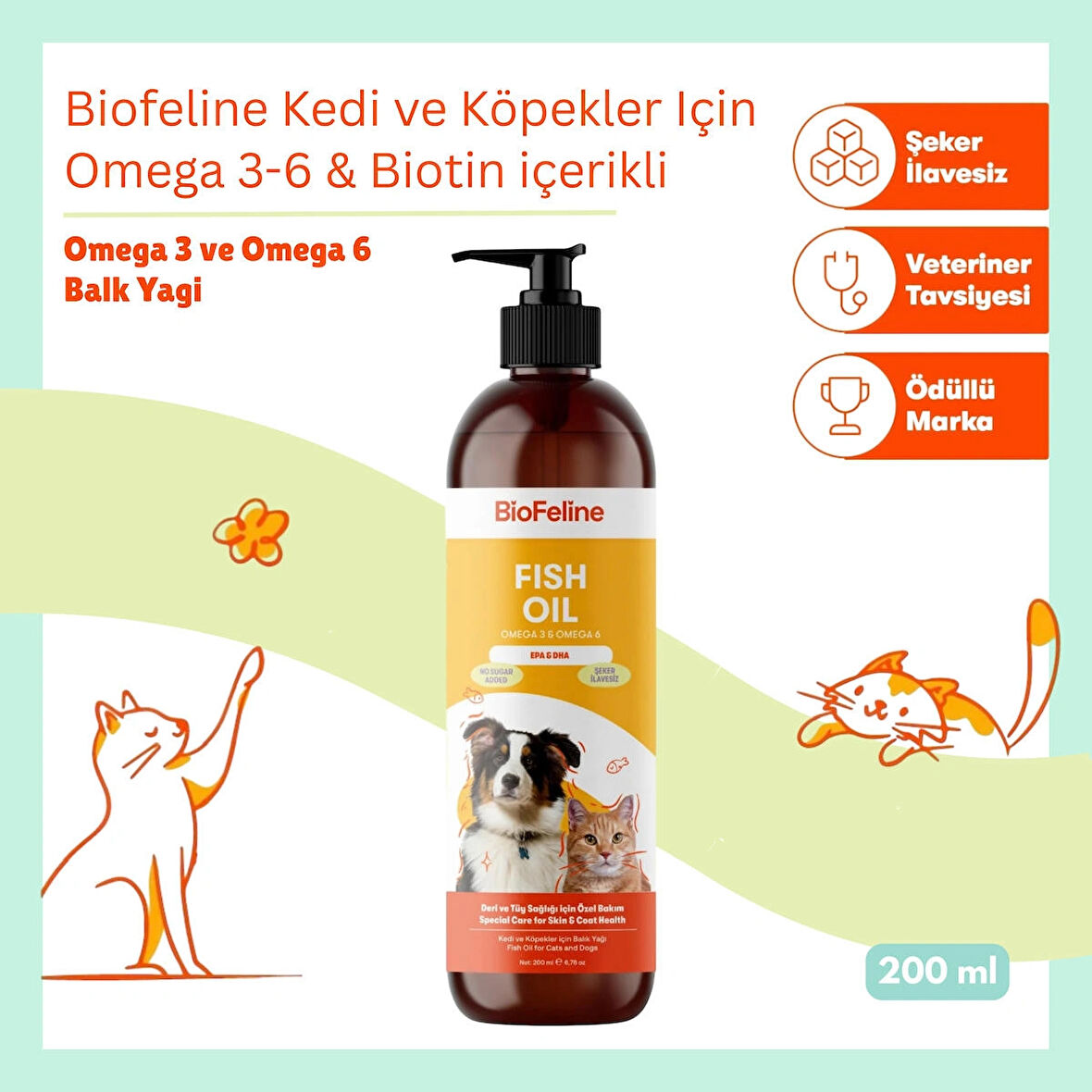 Biofeline Omega 3-6 & Biotin Balık Yağı – Kedi ve Köpekler İçin Parlak Tüy ve Sağlıklı Cilt Takviyesi 250 ml