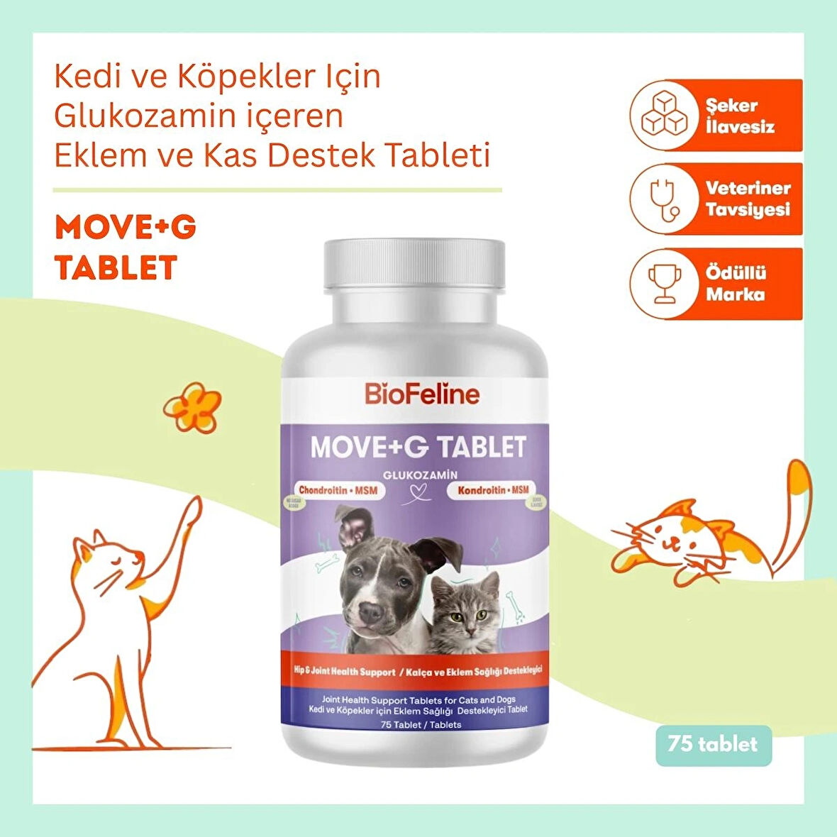 BioFeline Move+G Glukozamin Kedi Köpek Eklem Desteği 75 Tablet