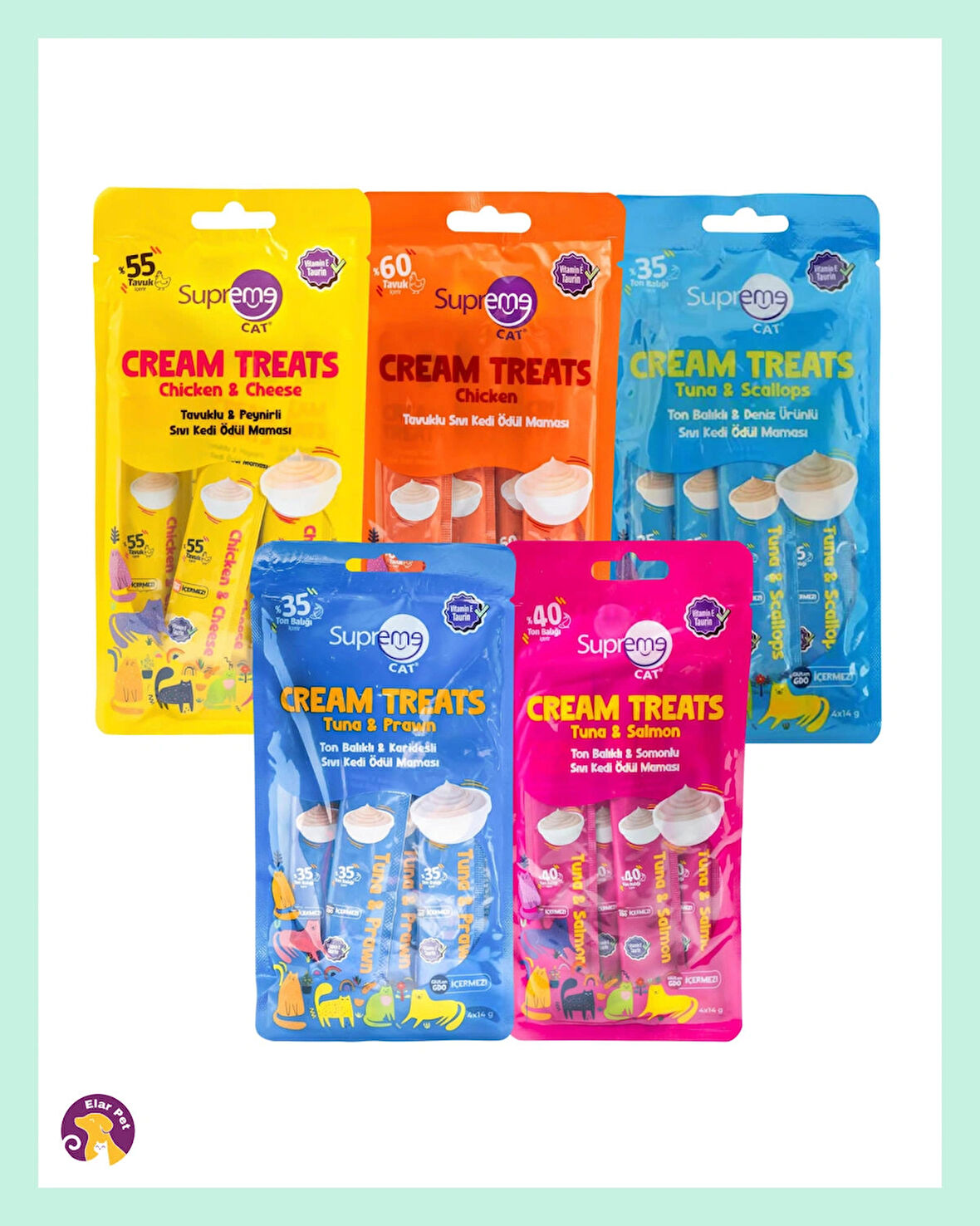 Supreme Cat Sıvı Kedi Ödül Maması – Karma Paket, 4 x 14 gr (5 Paket Toplam)