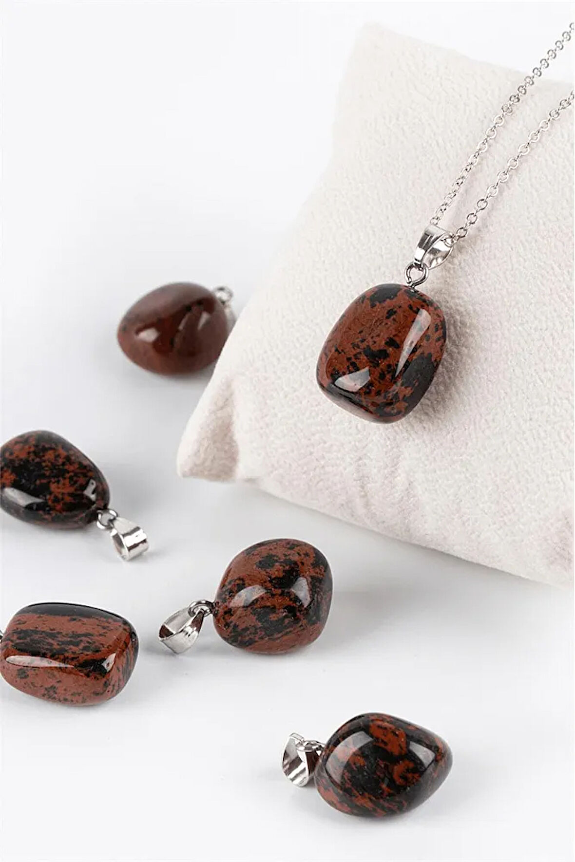 Sertifikalı Tımbıl Model Kahverengi Obsidyen Taşı Kolye (GÜMÜŞ APARATLI)