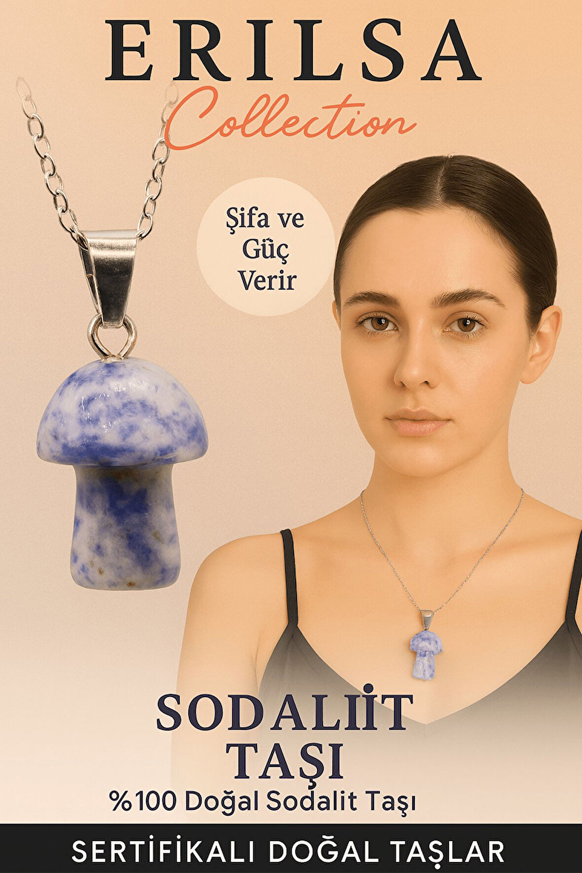 Sertifikalı Mantar Model Sodalit Taşı Kolye - Şifa ve Güç Veren Doğal Taş Kolye