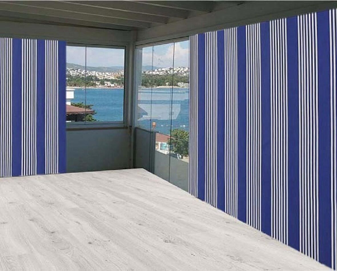 Ceylan Home Balkon Perdesi Brandası Mavi İnce Çizgili 100x250