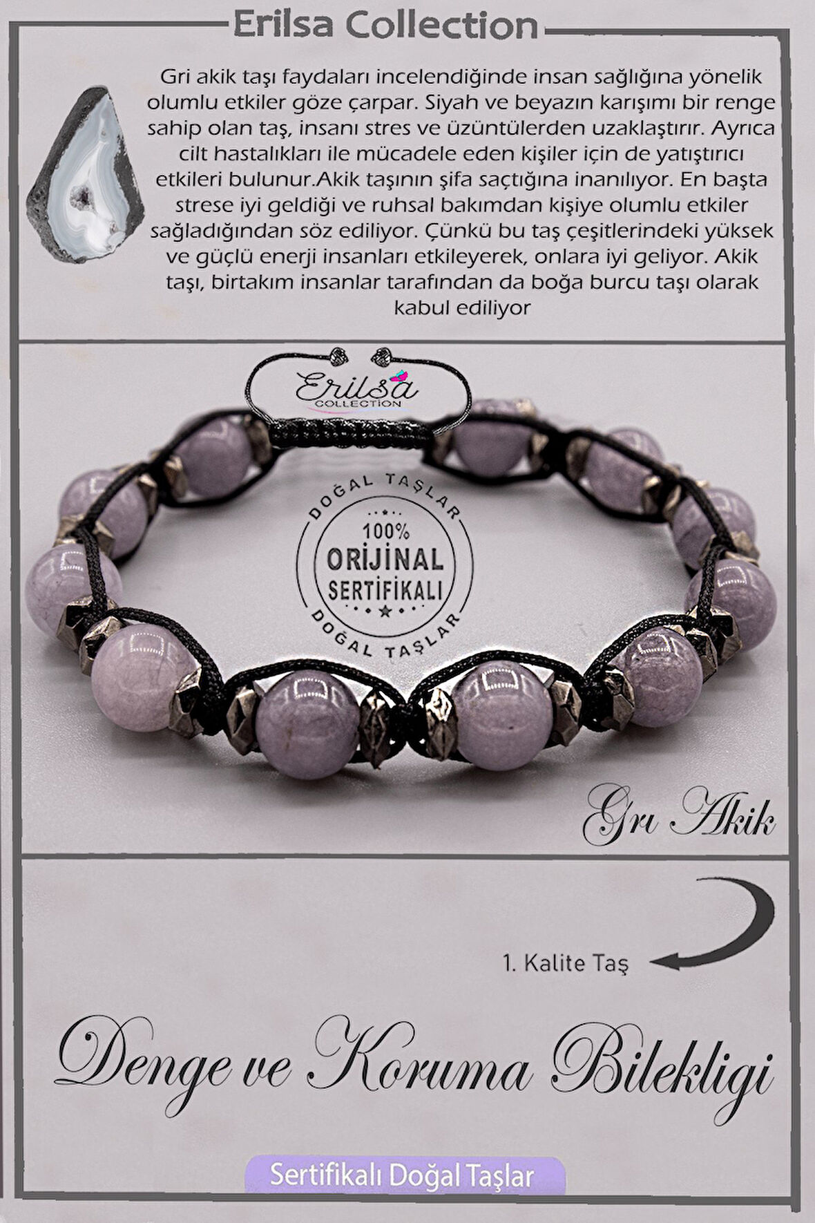 Sertifikalı AAA+ Doğal Terahertz - Gri Akik - Denge ve Koruma Bilekliği