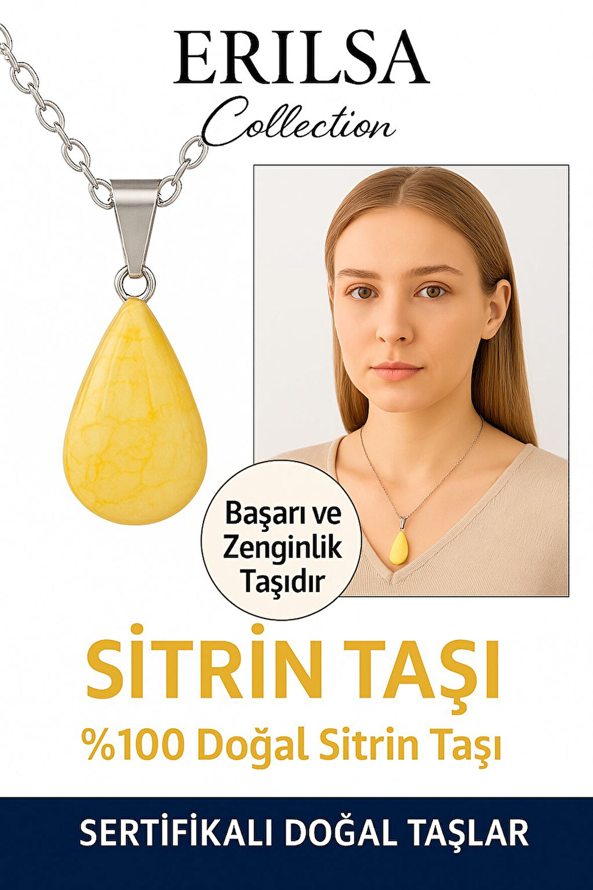 Sertifikalı Damla Model Sitrin Taşı Kolye – Bolluk, Neşe ve Pozitif Enerji Taşı