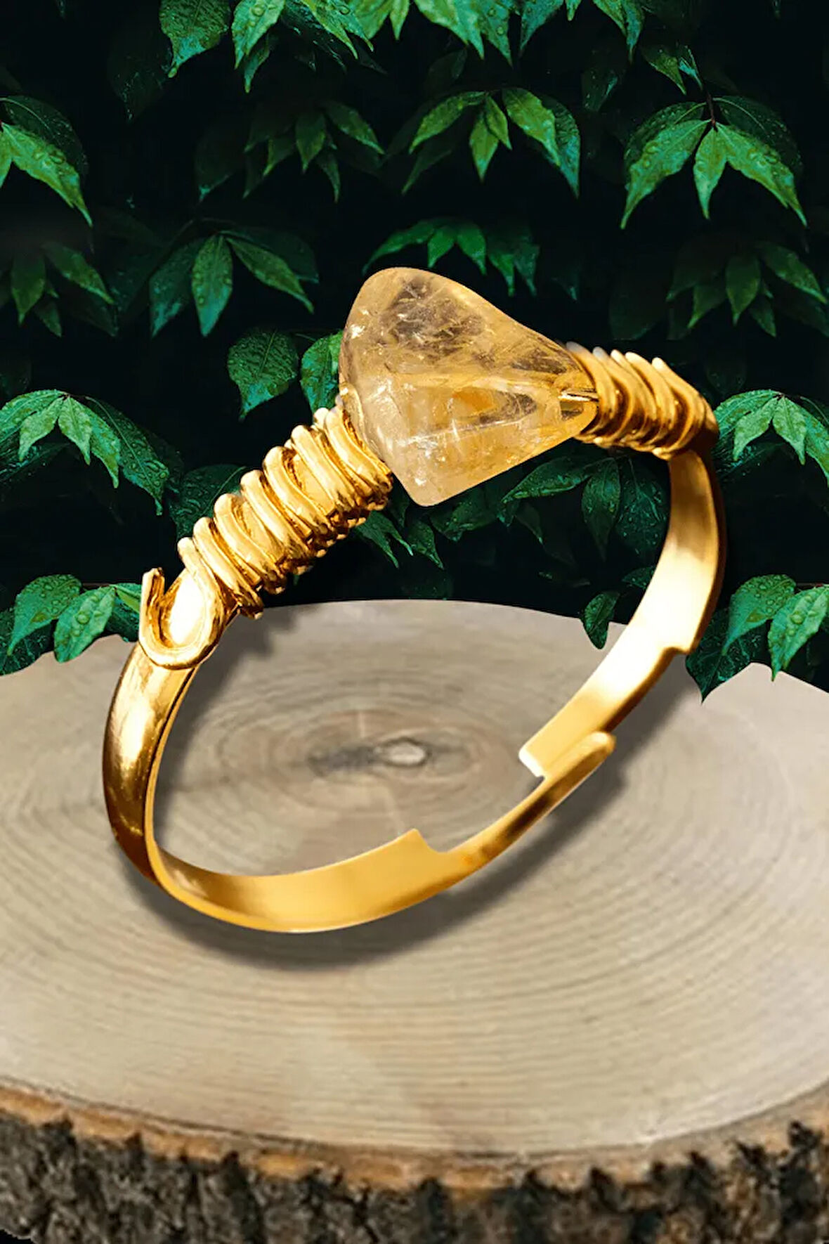 Sertifikalı Kırık Taşlı Gold Model Sitrin Taşı Yüzük - Ayarlamalı