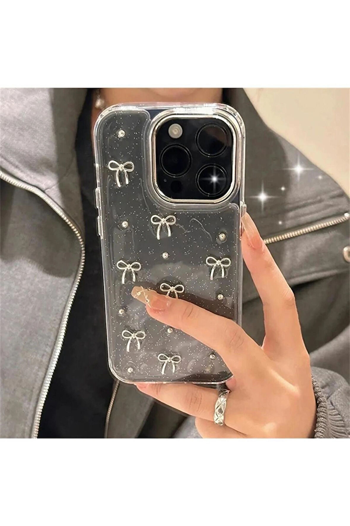 ELMALI STORE iPhone 15 Plus Uyumlu Kurdele Desenli Kabartmalı Telefon Kılıf Kapak