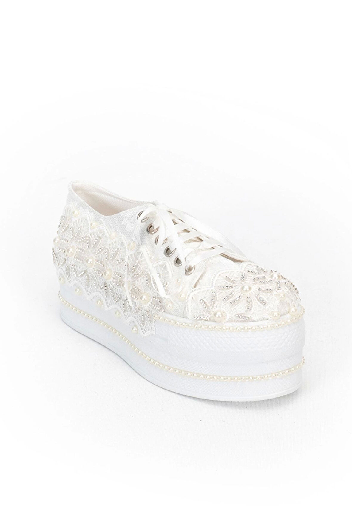 Beyaz Çınar Taşlı Kadın Dolgu Topuklu Ayakkabı Kadın Topuklu Abiye Ayakkabı Şık Gece Ayakkabısı