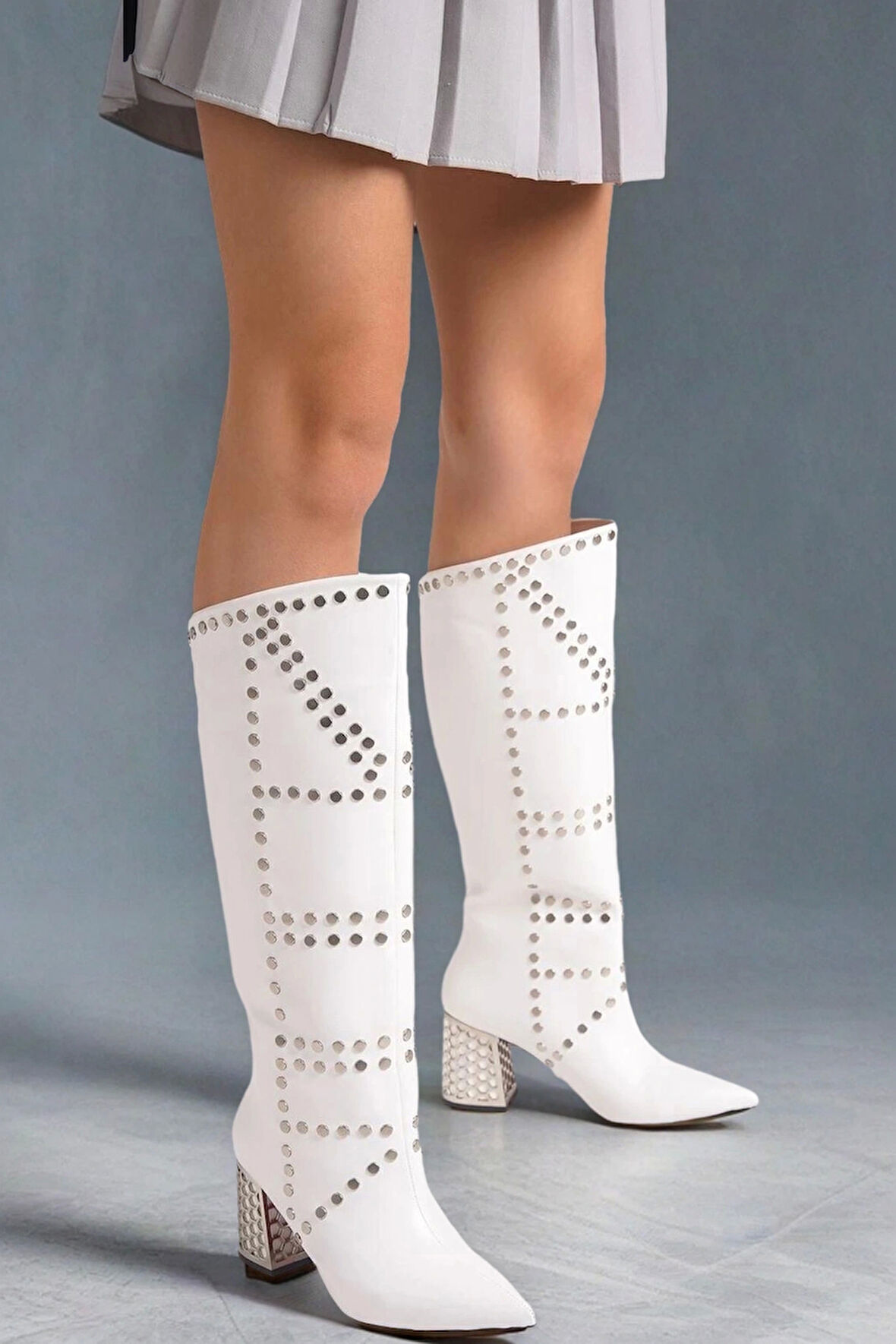 Kadın Moda Zımbalı Tasarım Kısa Topuklu Çizme Şık ve Zarif Abiye Ayakkabı